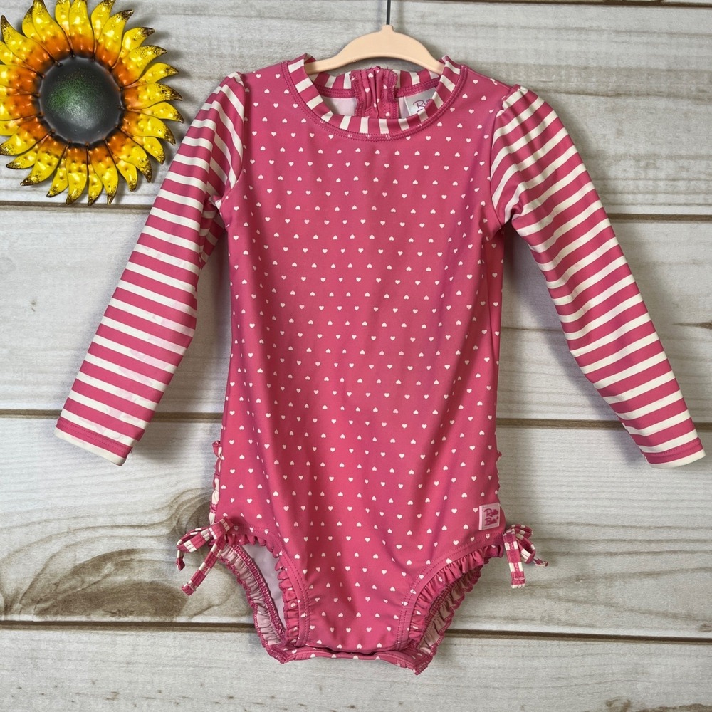 RuffleButts Pink Heart Long Sleeve One Piece Swimsuit Rash Guard 2T As-Is‎